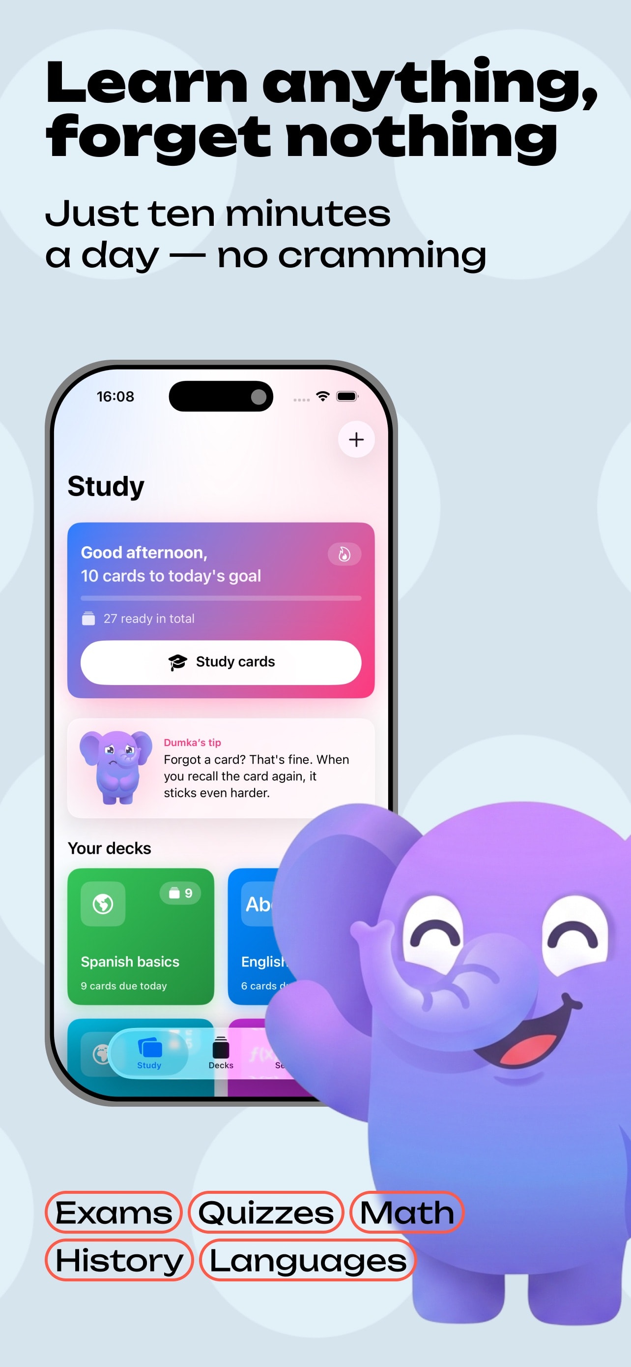 Dumka home screen — daily goal and your flashcard decks