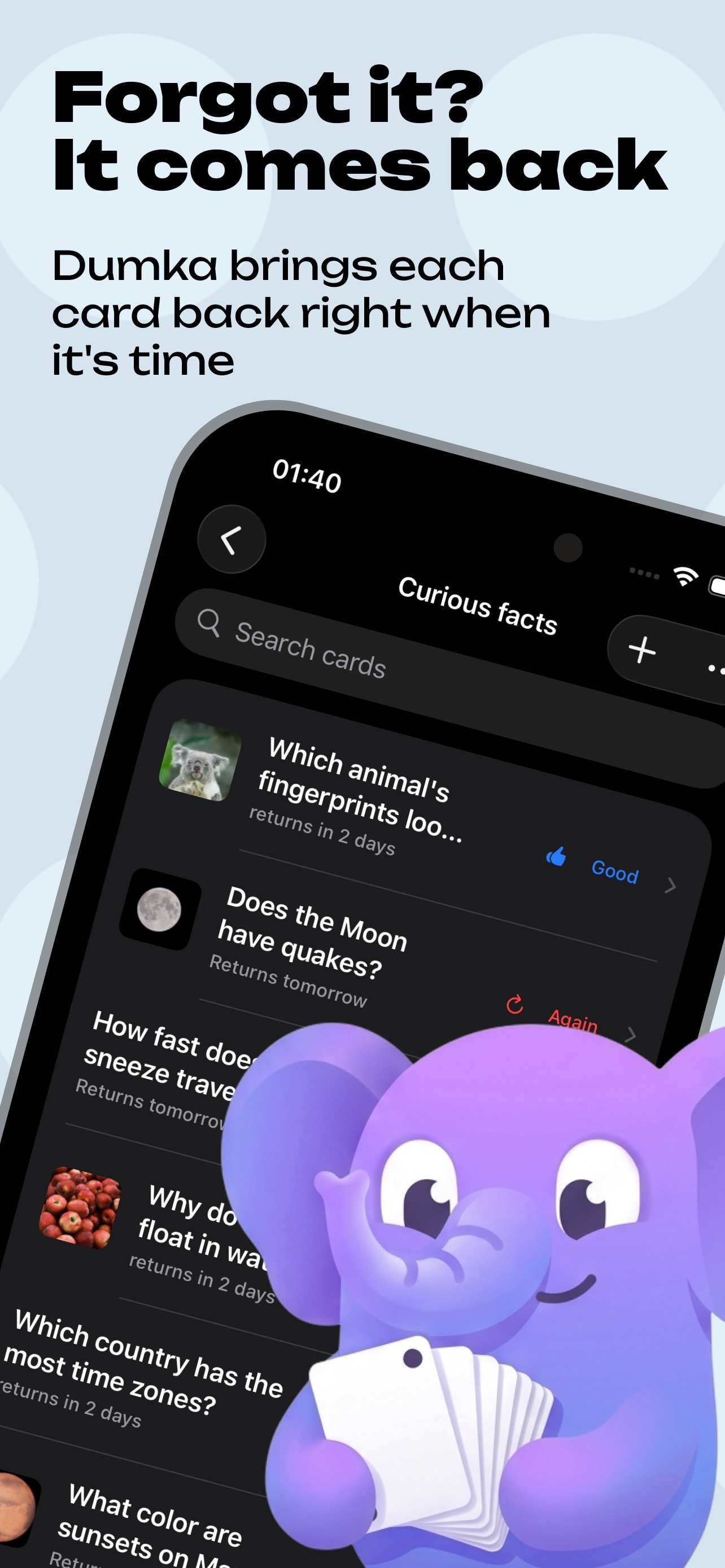 Spaced repetition schedule — cards come back right when it's time