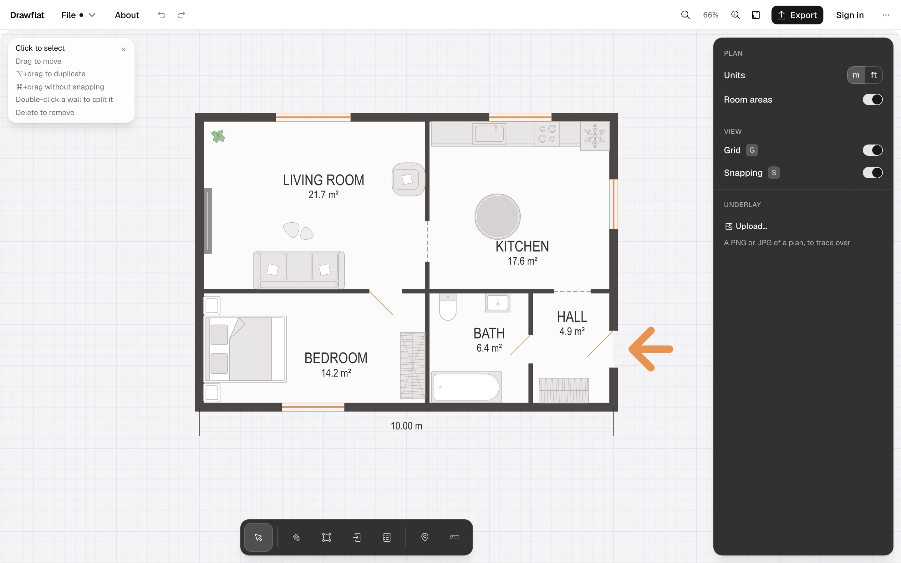 Drawflat editor with a traced two-room apartment: walls, doors, windows, furniture and room areas in square metres