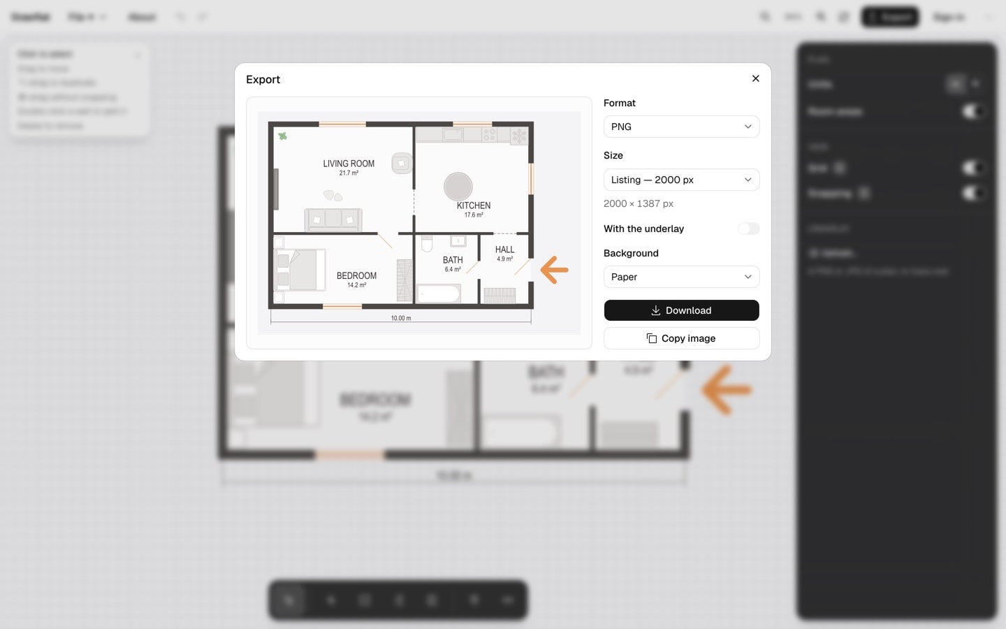 Export dialog — a listing-ready PNG at 2000 px with a paper background