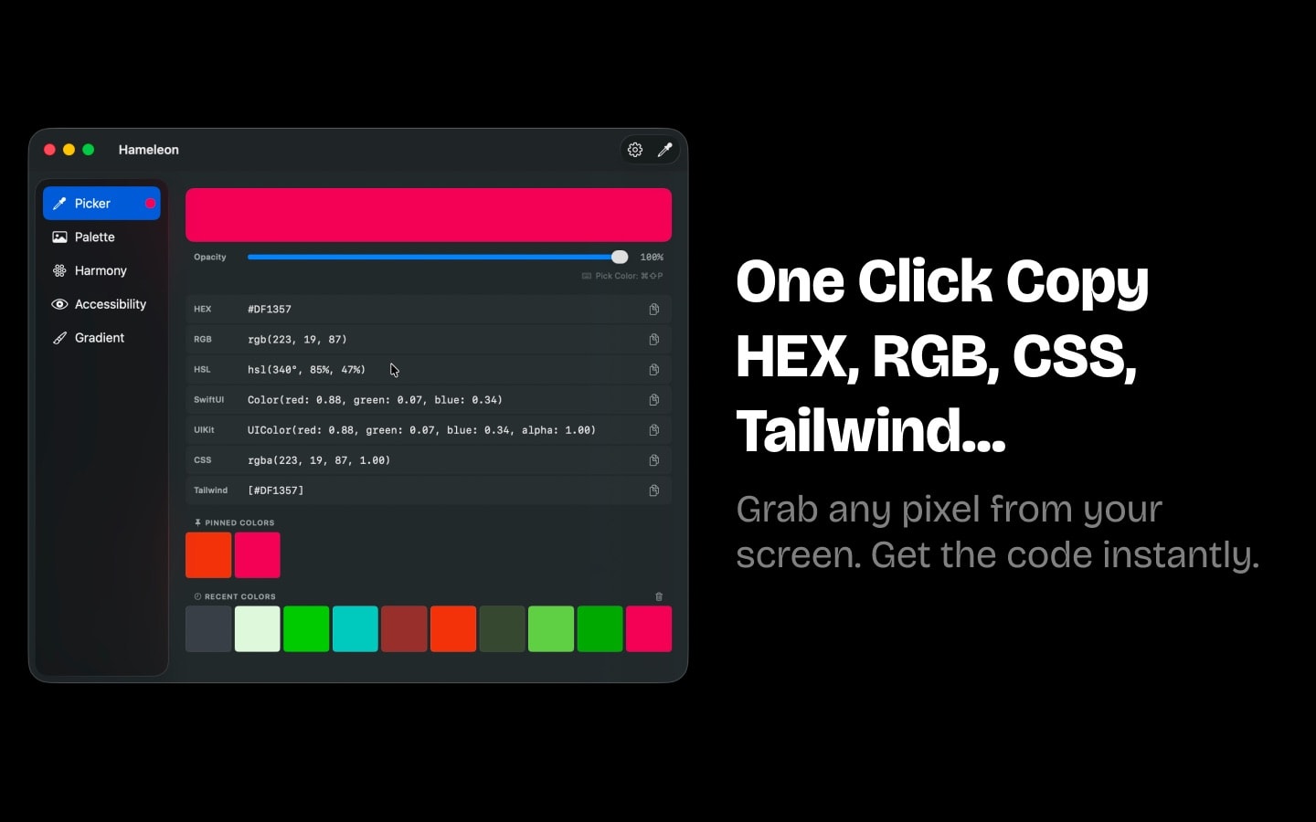 One Click Copy HEX, RGB, CSS, Tailwind