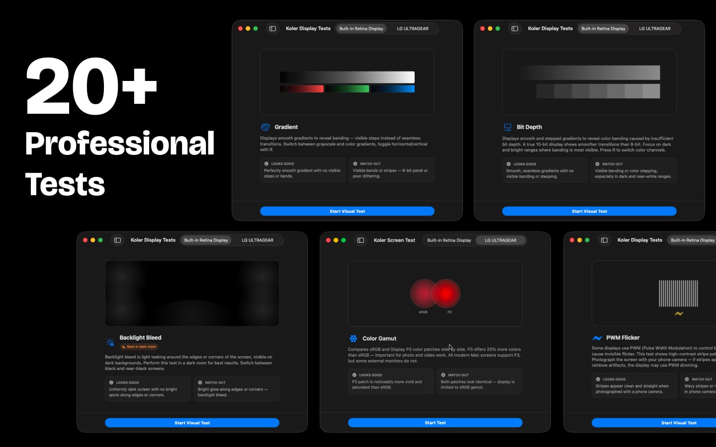 20+ Display Tests — Backlight Bleed, Burn-in, Color Gamut, Gradient
